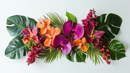Obraz premium Vibrant Tropical Orchid and Monstera Leaf Arrangement: A Bold, Exotic Floral Design