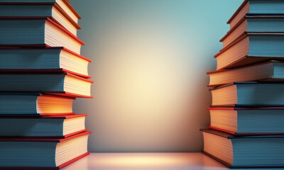 Two stacks of books on a table, against a wall with space for text