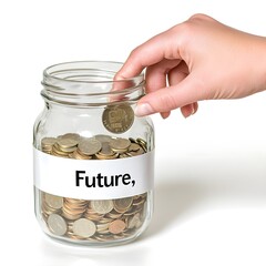 Hand Placing Coin in Jar with Future Label for Savings Concept, Generative AI.