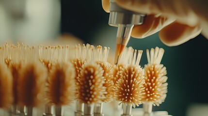 A machine injecting bristles into brush heads while a worker oversees the process.