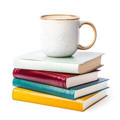 Cozy Coffee Mug on Colorful Stack of Books for Study or Relaxation, Generative AI.