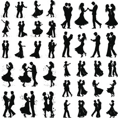 Ballroom Party Dance Couple Silhouettes, Silhouettes of the pairs dancing ballroom dances. couple man woman ballroom dancers tangoing silhouette. Young couples silhouette dancing on white background.