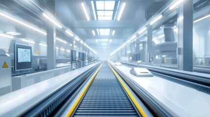 Fototapeta premium Conveyor belt in a modern industrial facility with automated machinery and bright lighting