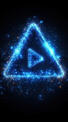 A glowing blue triangle play button surrounded by sparkling particles on a dark background.