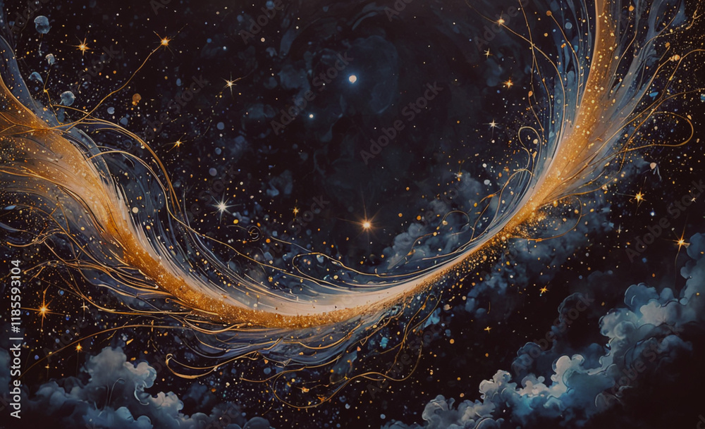 Poster painting of a galaxy with stars and a large gold swirl. the swirl is in the center of the painting a