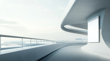 Modern architecture balcony with blank billboard, overlooking cityscape.