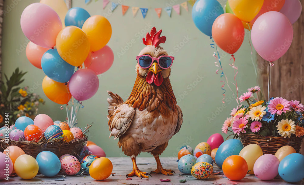 Aufkleber chicken wearing sunglasses stands in front of a table full of colorful eggs. there are also balloons