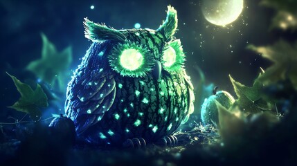 Glowing owl perched in a mystical forest under the moonlight at night
