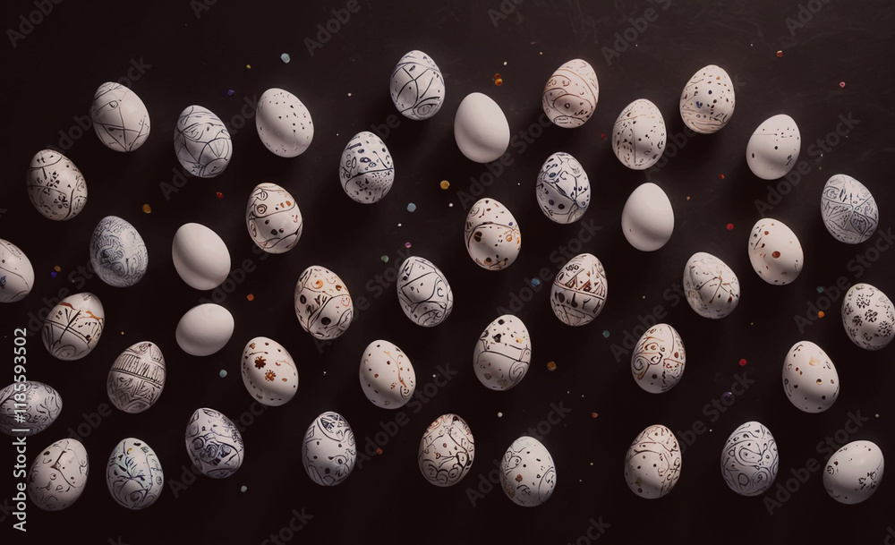 Poster Collection of eggs with various designs painted on them, including some with black and white patterns. The eggs are arranged in a row, with some overlapping and others standing alone