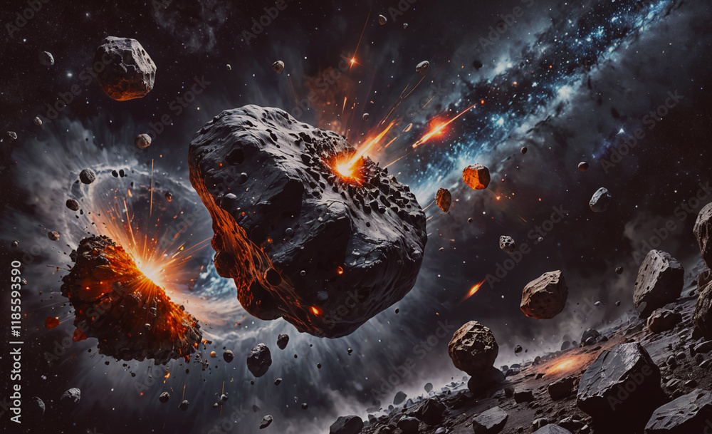Poster Space scene with a large rock in the middle and many smaller rocks surrounding it. The rock is surrounded by a lot of debris, including smaller rocks and a few larger ones