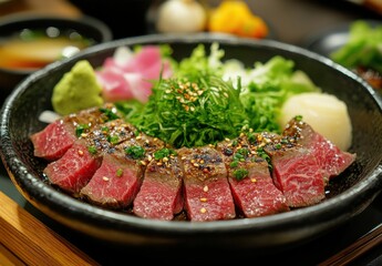 Delicious and Freshly Grilled Steak with Vibrant Vegetables and Sides on a Traditional Black Plate for Culinary Delight