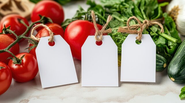 Fresh organic vegetables with blank hygiene certification tags. Food safety conceptual image.