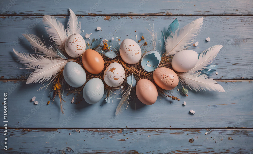 Aufkleber Blue background with a bunch of eggs and feathers. There are nine eggs in total, with some of them being brown and some being white. The eggs are arranged in a row