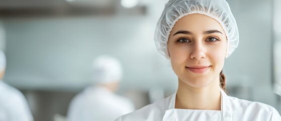 Professional food handler in hairnet and protective equipment. Food safety conceptual image.