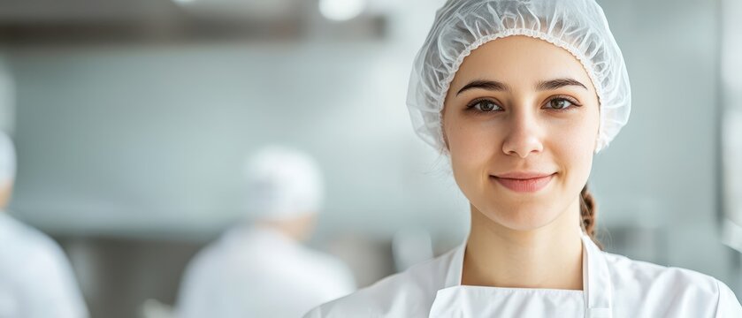 Professional food handler in hairnet and protective equipment. Food safety conceptual image.