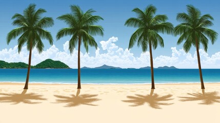 Fototapeta premium Idyllic Tropical Beach Scene with Four Palm Trees and Distant Islands