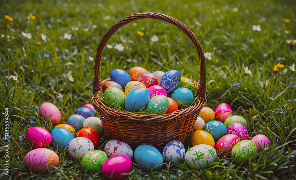 Poster basket full of easter eggs is on the grass. there are many different colors of eggs in the basket