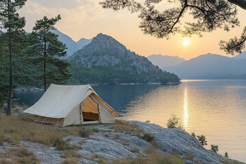 A serene camping scene by a lake at sunset, showcasing nature's beauty and outdoor leisure.