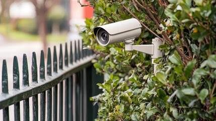 Outdoor security camera mounted on a lush green hedge near a residential fence in daylight