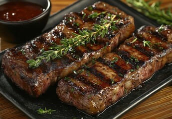Delicious grilled steak served on a black plate with fresh herbs and a side of rich barbecue sauce, perfect for gourmet dining and culinary presentations.