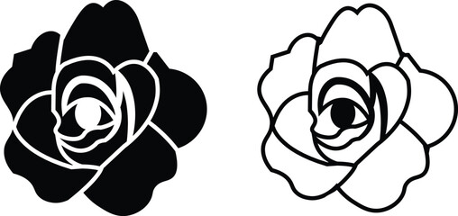 Rose flower set of blooming plant. Garden rose isolated icon of black petal for romantic floral decoration, wedding bouquet and valentine greeting card flat and line vector collection.