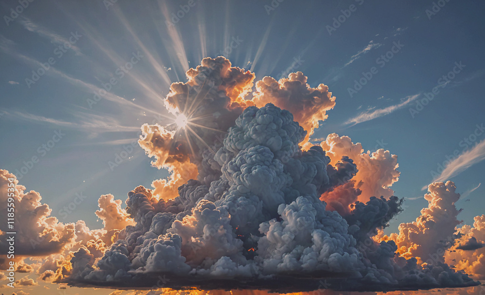 Poster Massive cloud with a bright sun shining through it, creating a beautiful and serene scene. The sun is positioned in the center of the cloud, illuminating the surrounding area with its warm