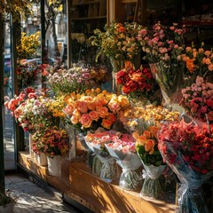 Fototapeta premium Vibrant flower shop with colorful bouquets.