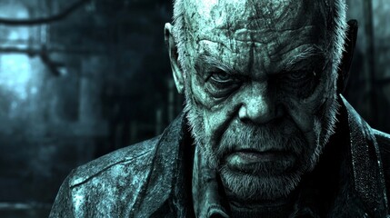 Elderly man with a weathered face gazes intensely in a dimly lit, industrial setting