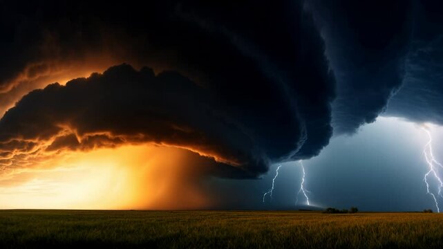A massive supercell thunderstorm with a rotating cloud base. lightning bolts striking the ground, dramatic contrast between dark storm clouds and glowing golden light on the horizon.