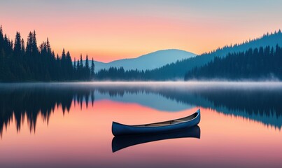 Serene Canoe on Calm Lake at Sunrise with Mist and Forest Reflection