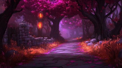 Fototapeta premium Enchanting purple forest path with glowing lanterns and vibrant flora