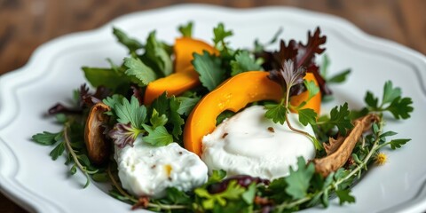 A delicate porcelain plate displaying a vibrant mix of greens with sliced pumpkin and creamy soft cheese, nestled among fresh herbs and garnishes, table setting, pumpkin slices
