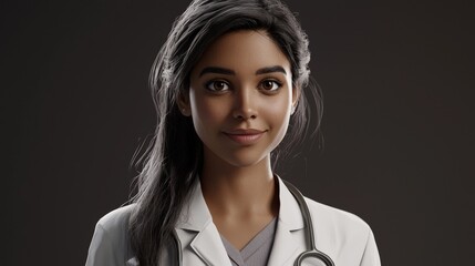 Doctor in white coat smiles confidently while promoting healthcare and wellness in a studio setting