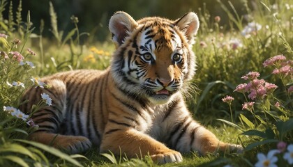 Obraz premium A photorealistic image of a playful tiger cub in a sunlit meadow