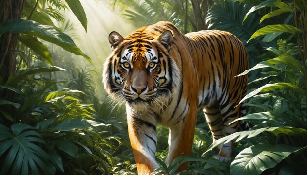 Photorealistic image of a tiger stalking through a lush jungle