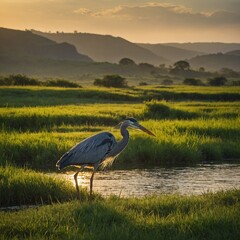 Obraz premium A heron standing in a lush green meadow, with distant hills bathed in the warm glow of the early morning sun.