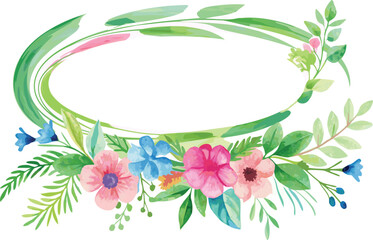 Obraz premium Watercolor Floral Oval Frame with Pink and Blue Flowers