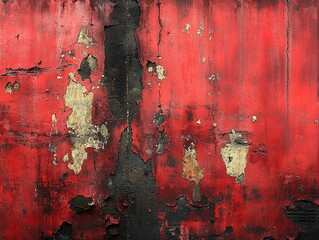 Peeling red paint on a wall, showing underlying black surface