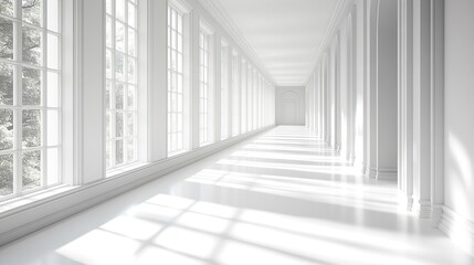 A bright, minimalist corridor with large windows casting shadows on a polished floor.