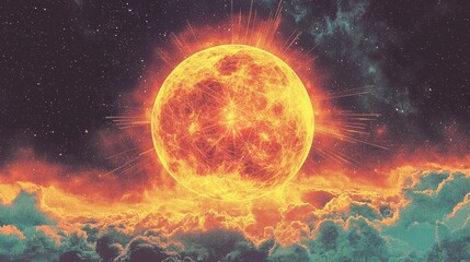 Obraz premium Bright Solar Explosion Over Colorful Clouds in Starry Night Sky