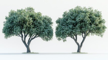 Obraz premium Twin Majestic Trees: A 3D Render of Two Lush, Full, Green Trees Against a White Background