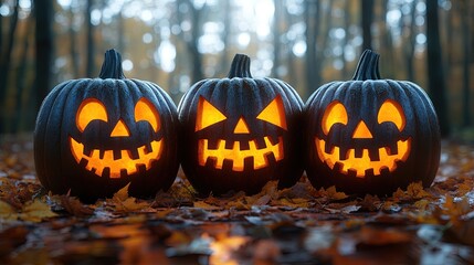 Three carved pumpkins with glowing faces sit among autumn leaves in a forest, celebrating Halloween.