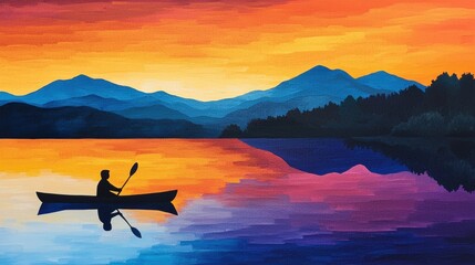 Fototapeta premium Serene Sunset Reflections on Lake with Kayaker Silhouette