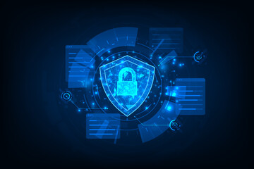 Obraz premium Futuristic security online connection network concept. Cyber security concept. Protect data. Shield on tech circle.