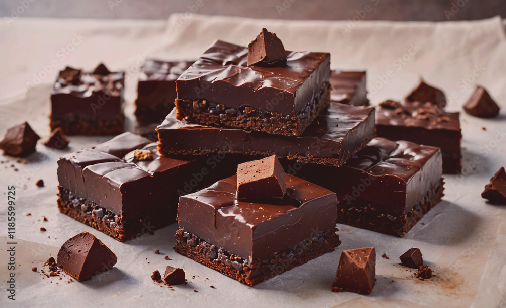 Poster stack of chocolate bars with chocolate chips on top. the chocolate bars are cut into squares. there 