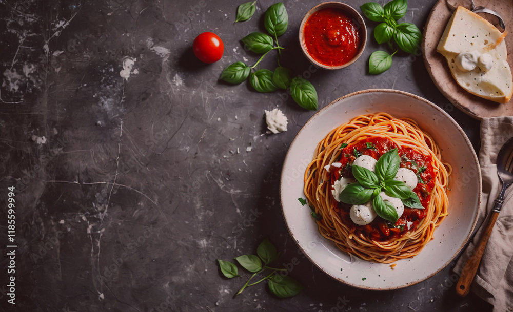 Poster Plate of spaghetti with cheese and basil on top. A knife and a spoon are also on the table