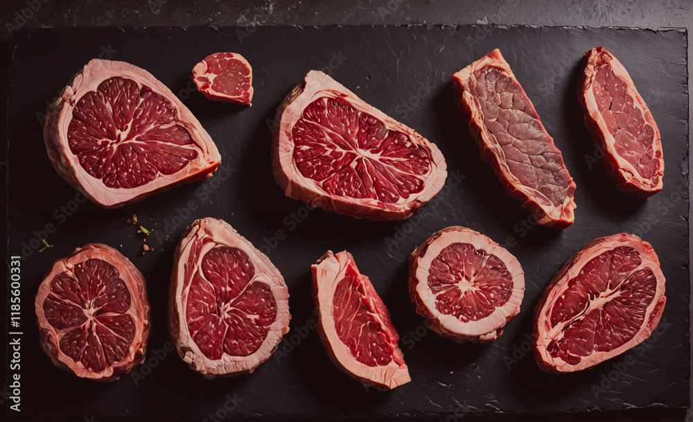 Poster Slab of meat with a variety of cuts including a steak and a grapefruit. The meat is displayed on a black surface