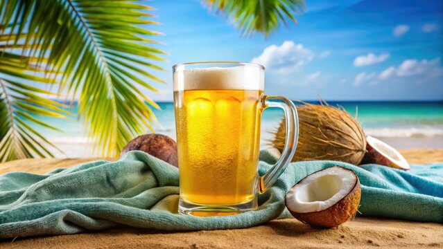 A beer mug filled with a fizzy yellow soda, resting on a colorful beach towel next to a few empty coconuts and seashells, picnic, beverage, glassware, seasonal decor, festive decoration