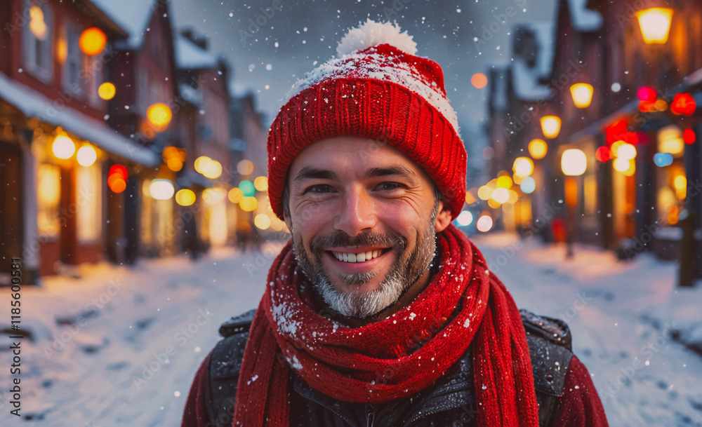 Poster man wearing a red hat and scarf is smiling. he is standing in the snow. there are several other peop