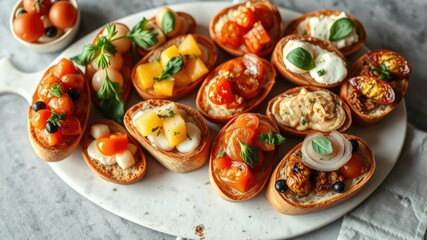 Fototapeta premium A beautifully styled platter filled with an assortment of colorful bruschettas in a variety of sizes, cured meats, decorative props, roasted vegetables